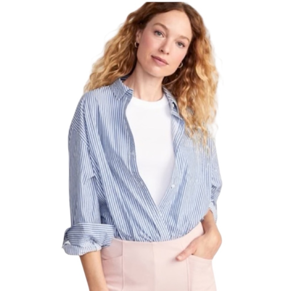 Old Navy The Boyfriend Shirt Blue and White Striped Button Down Shirt SZ XL